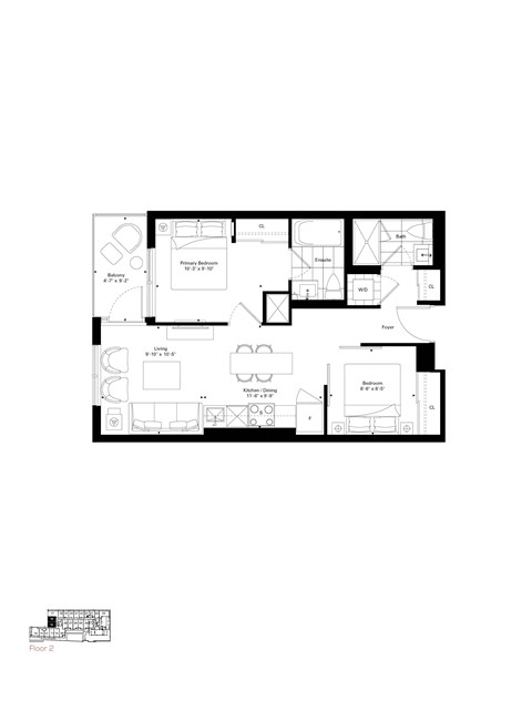 Floor plan for 2 beds, 2 baths, 675 sqft
